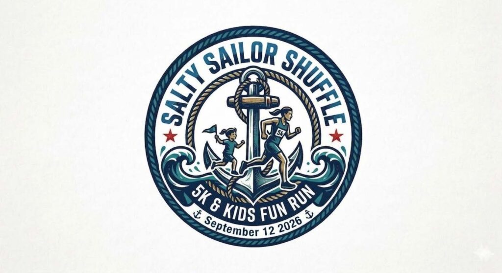 Text Salty Sailor Shuffle 5k & Kids Fun Run with an anchor picture and a woman and child running